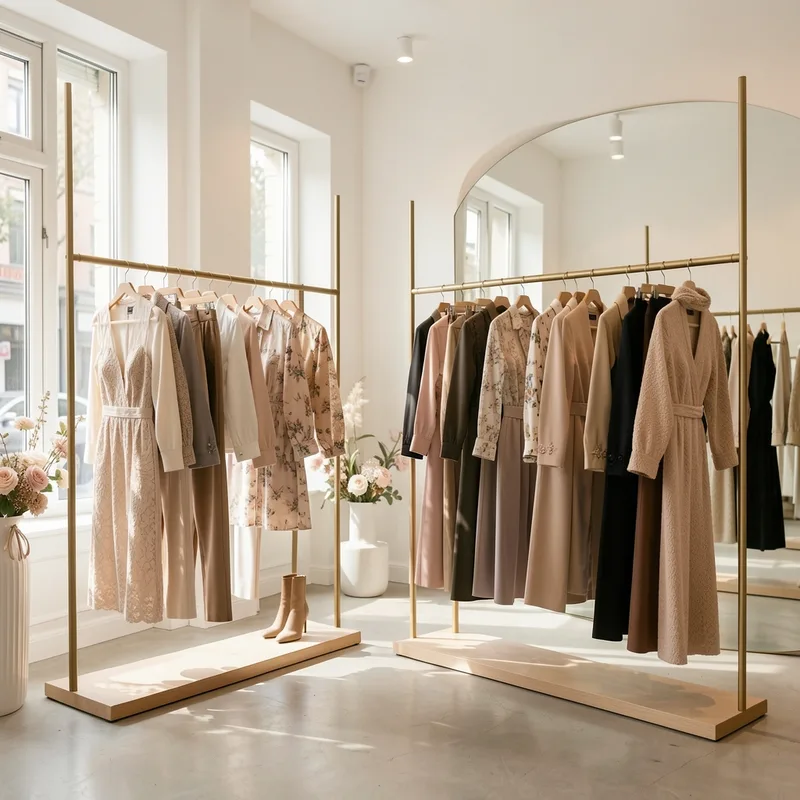 Portant de vêtements et tenues coordonnées dans une boutique